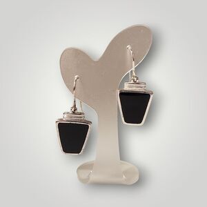 Vintage SU 925 Sterling Silver Onyx Inlay Dangle Pierced Hook Earrings 6g